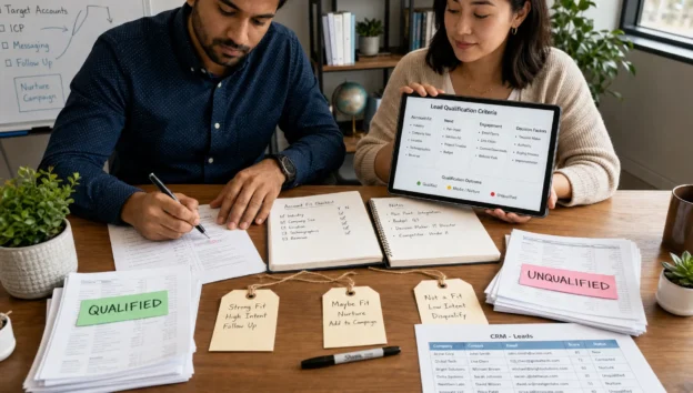 Two colleagues sort SaaS leads at a desk while marking account fit and qualification notes.