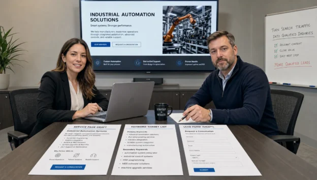 Two coworkers review a service page, keyword list, and lead form as they plan SEO search engine optimization for B2B growth.