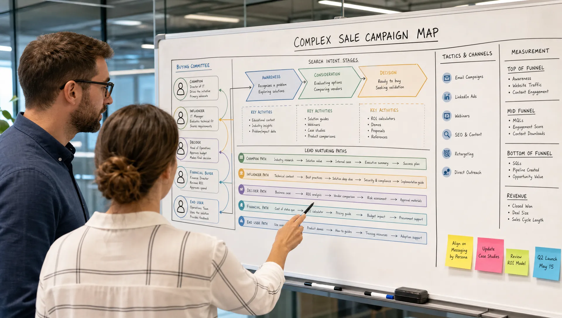 Two marketers review a wall map of the buying committee, search intent stages, and lead nurturing paths for a complex sales campaign.