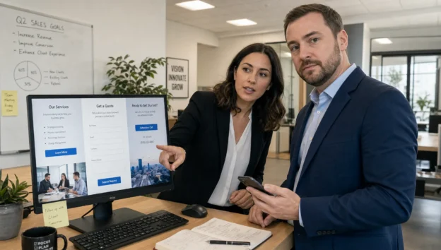 Two professionals compare a service page and quote form while checking mobile lead paths in a sales office.