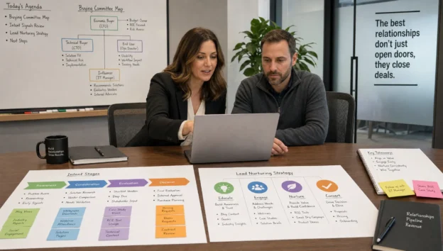 Two professionals review a buying committee map, intent stages, and lead nurturing notes for a complex B2B sales plan.