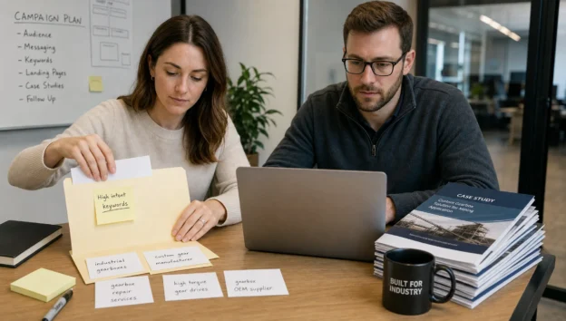 Two team members prepare keyword notes, case studies, and a laptop for an industrial marketing campaign.