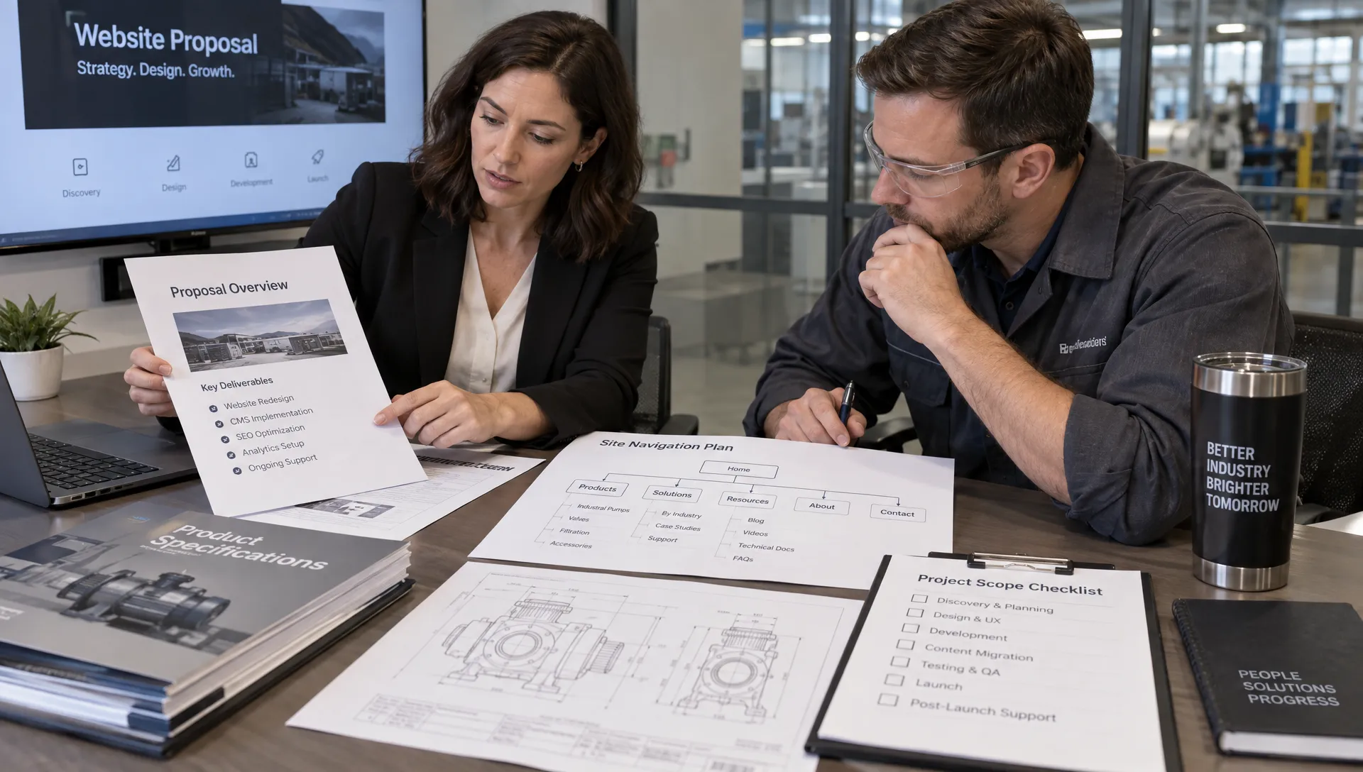A B2B marketing manager and industrial engineer compare an agency proposal with site navigation plans, product specifications and a scope checklist spread across a conference table.