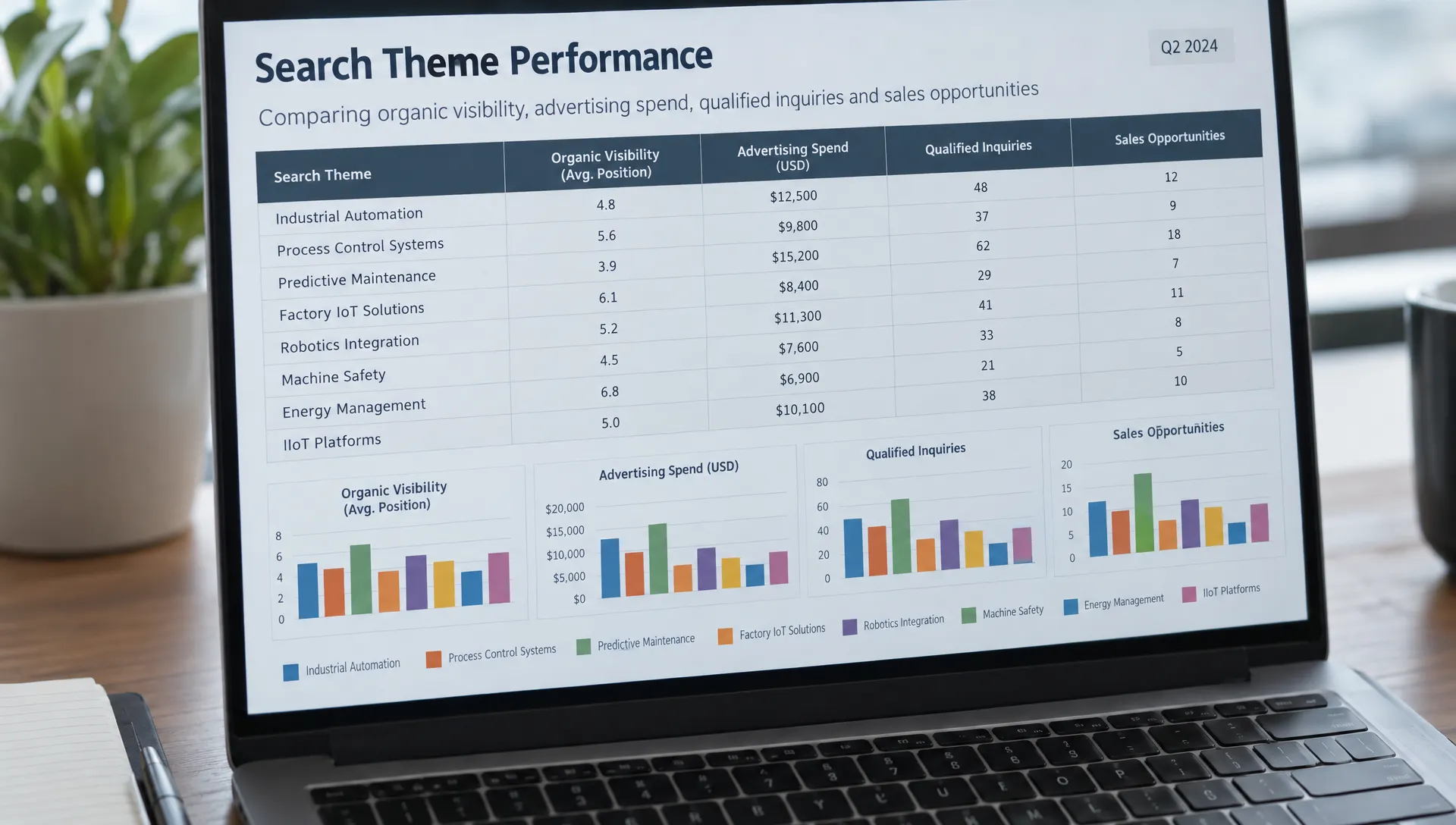 A B2B marketing reporting worksheet compares search themes across organic visibility, advertising spend, qualified inquiries and sales opportunities.