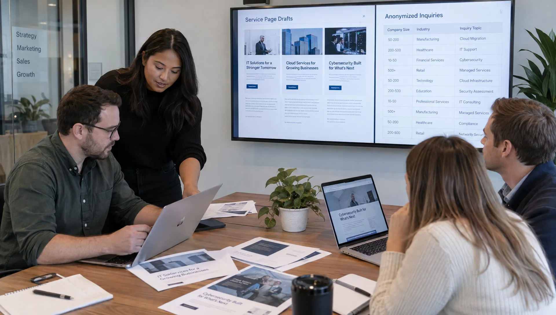 A B2B sales and marketing team reviews service-page drafts and anonymized inquiries together, comparing which website information attracts suitable business leads.
