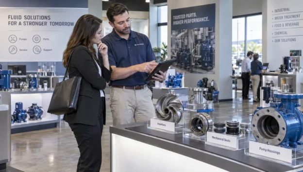 A buyer and sales engineer discuss pump components and the product information buyers need to find online.