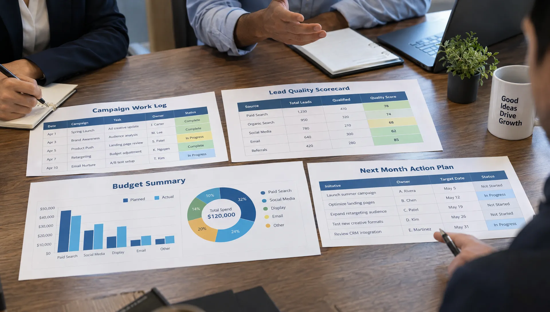 A campaign work log, lead-quality scorecard, budget summary, and next-month action plan are spread across a conference table for a monthly agency review.