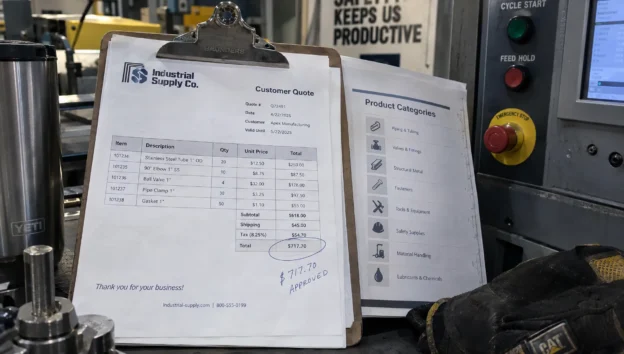A clipped cost estimate and product-category list rest beside a machine control panel as a factory considers organic SEO spending.