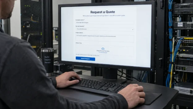 A developer tests an RFQ form on a monitor, with company, service and file-upload fields visible as part of a website project.