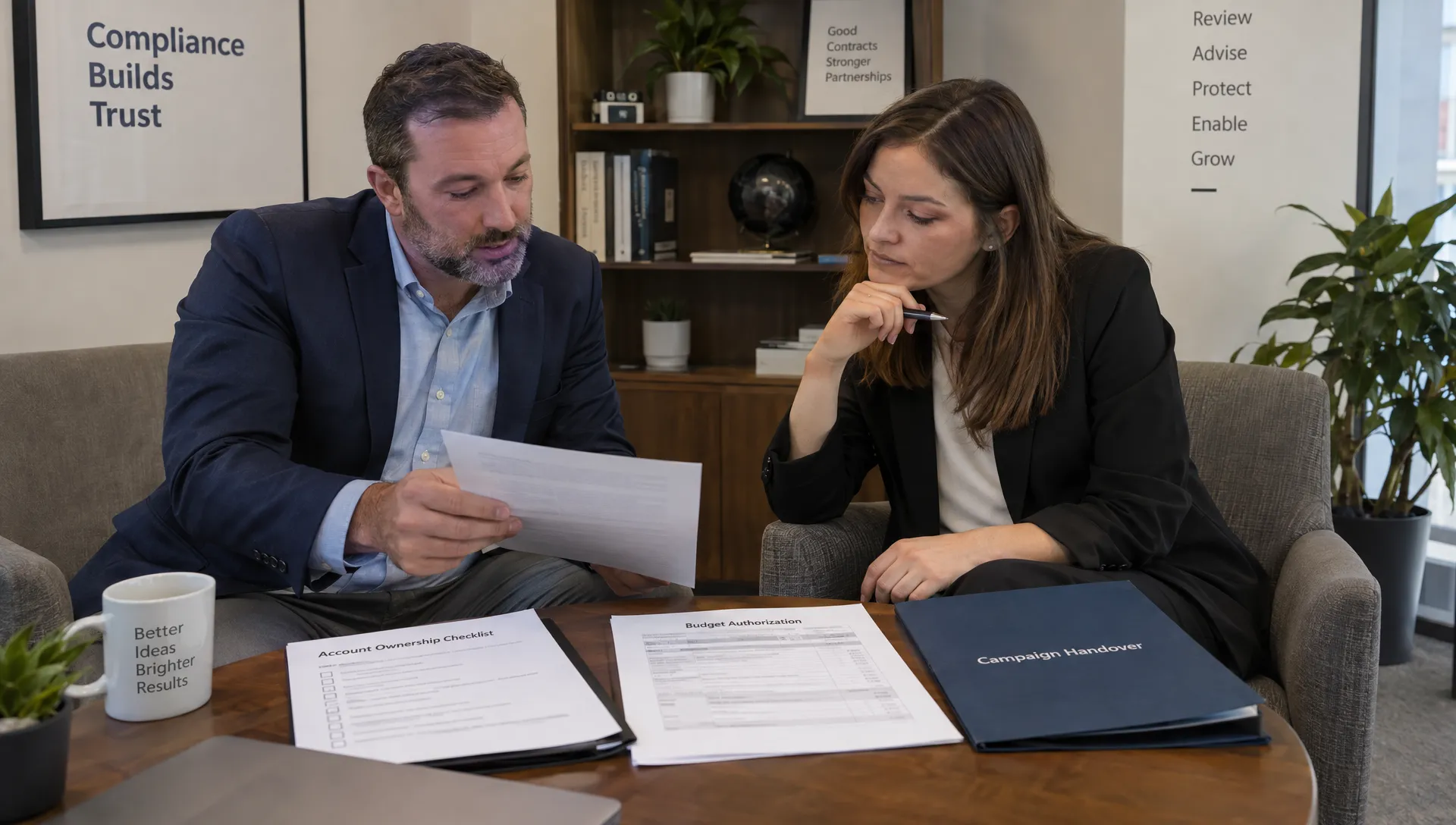 A manager and contract reviewer examine account ownership, budget approval and campaign handover papers for a pay per click marketing agency.