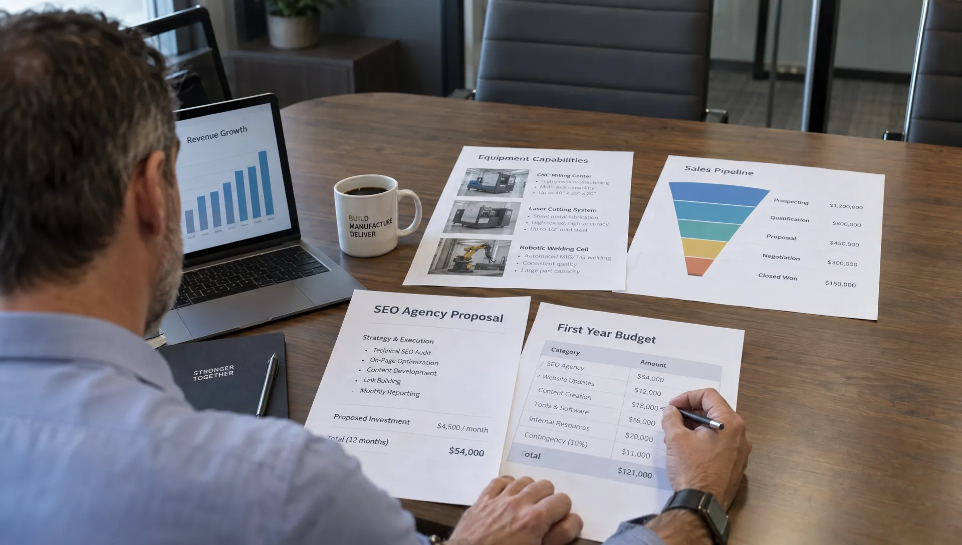 A manager marks a first-year SEO budget beside capability sheets and a sales pipeline report while reviewing an agency proposal.