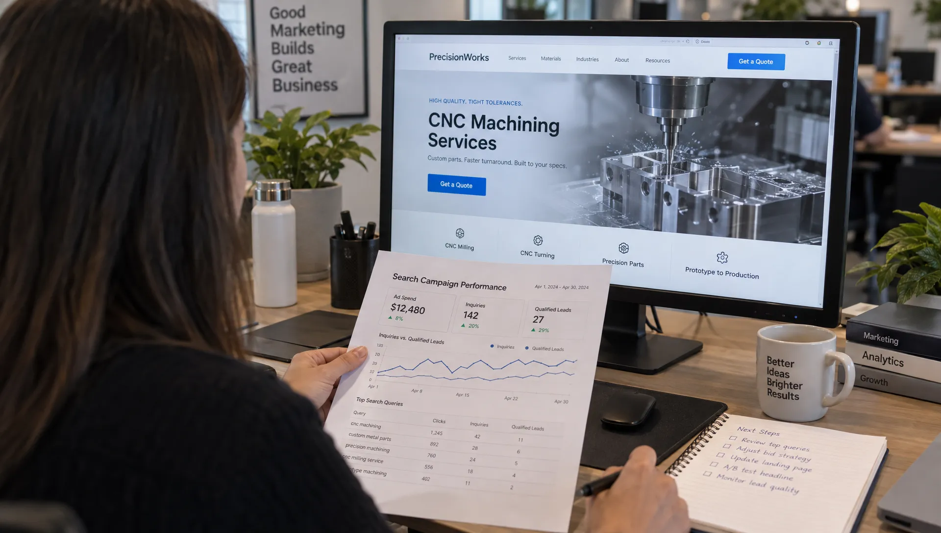 A marketing analyst compares search campaign spending and qualified inquiries with a machining service page on a monitor.