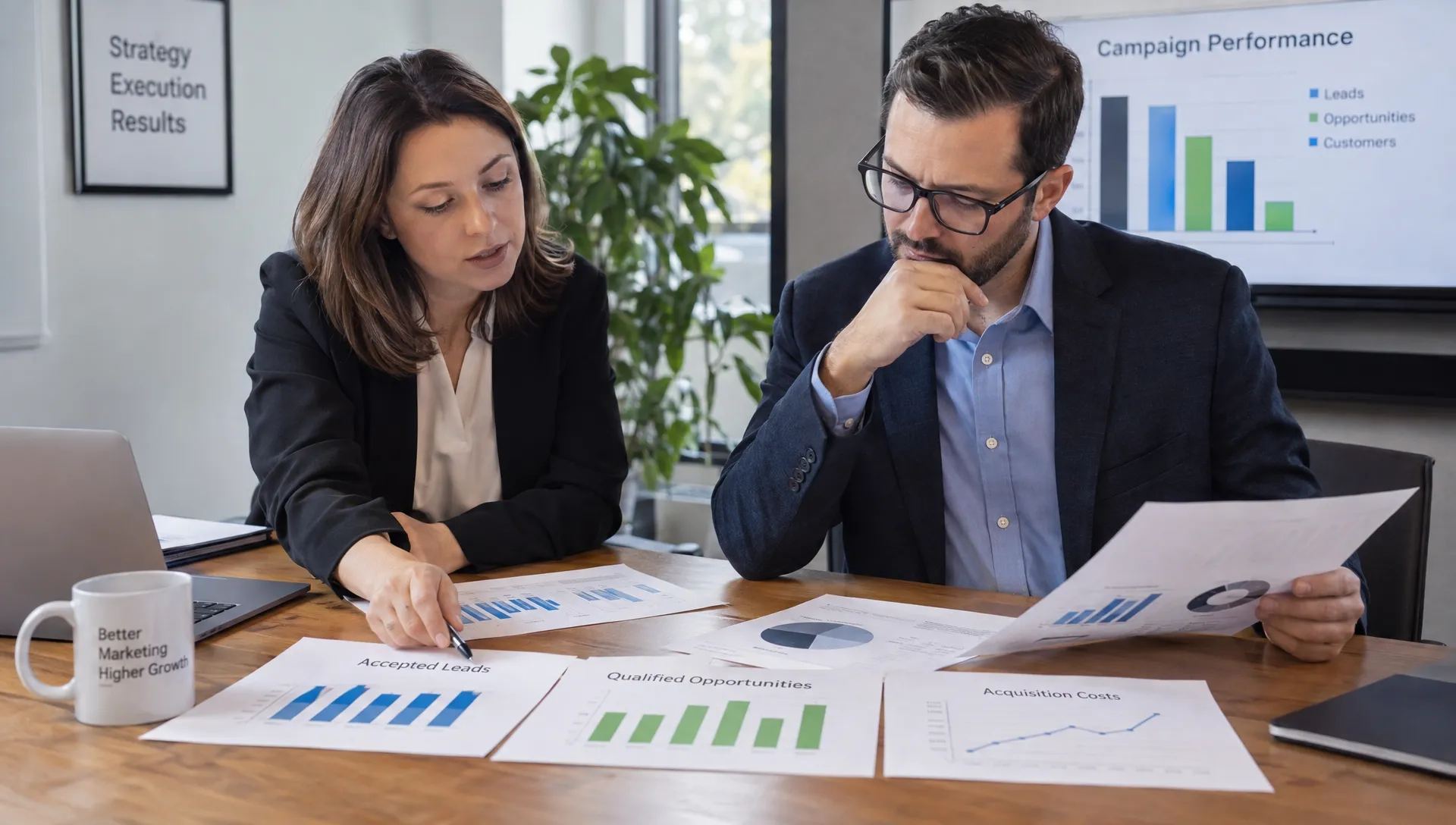 A marketing manager and sales manager review printed campaign results, comparing accepted leads, qualified opportunities, and acquisition costs at a meeting table.