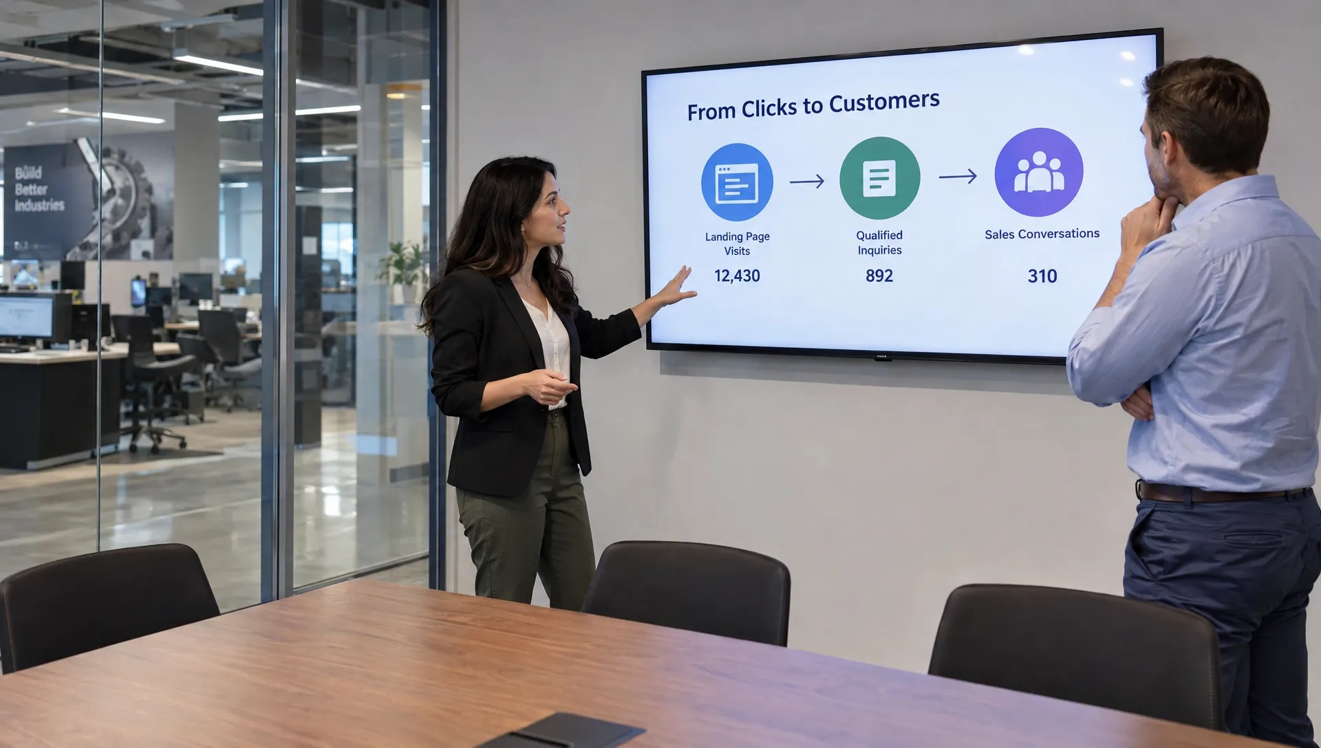 A marketing manager explains landing-page traffic and qualified inquiries to an industrial sales manager during a review of keyword optimization services.
