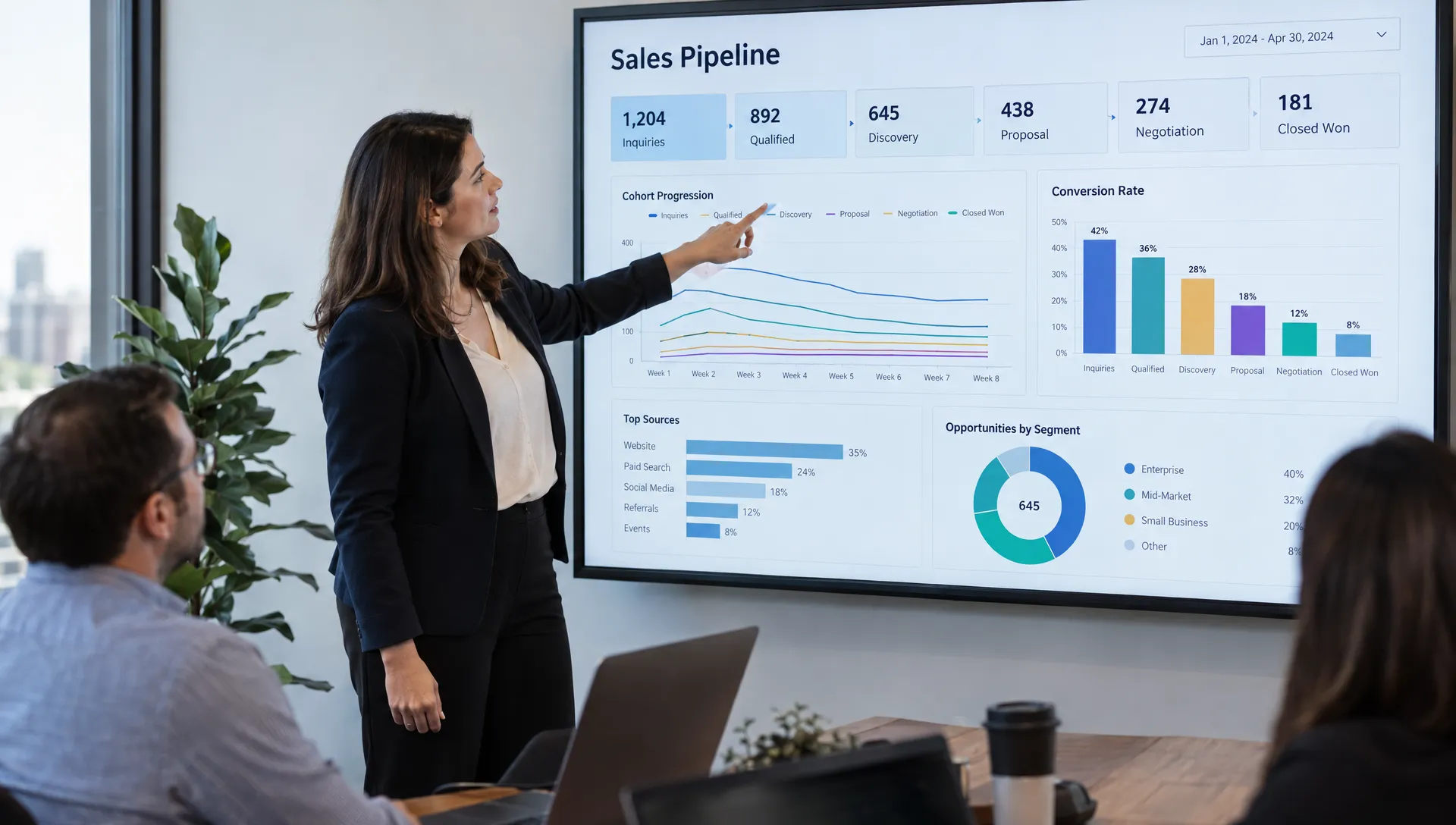 A marketing manager traces an inquiry cohort from its first response through opportunity stages on a wall-mounted sales dashboard in a project room.