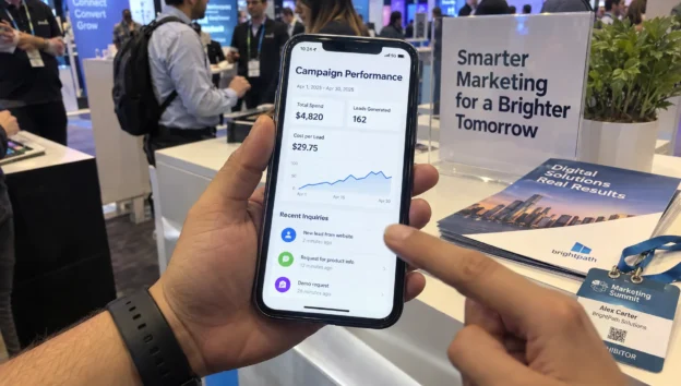 A marketing professional checks campaign spending and incoming leads on a phone at an industrial trade-show booth.