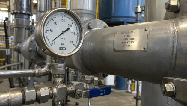 A pressure gauge and connected fittings on a plant process line show the technical details buyers may assess during online business marketing.