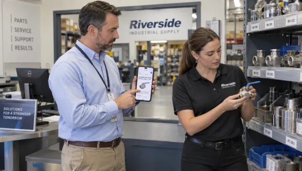 A procurement manager and supplier representative discuss a replacement-parts inquiry that began with a paid-search result.