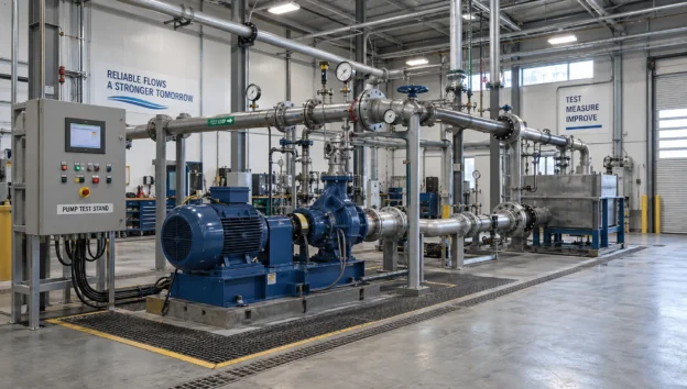 A pump test bay with gauges, valves and connected piping shows the conditions behind technical performance claims.