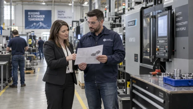 A purchasing manager and engineer discuss a product specification beside factory equipment, the kind of buyer conversation a B2B site should support.