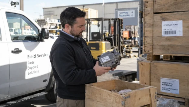 A purchasing professional checks a replacement component in a delivery yard while assessing an industrial supplier's fit.