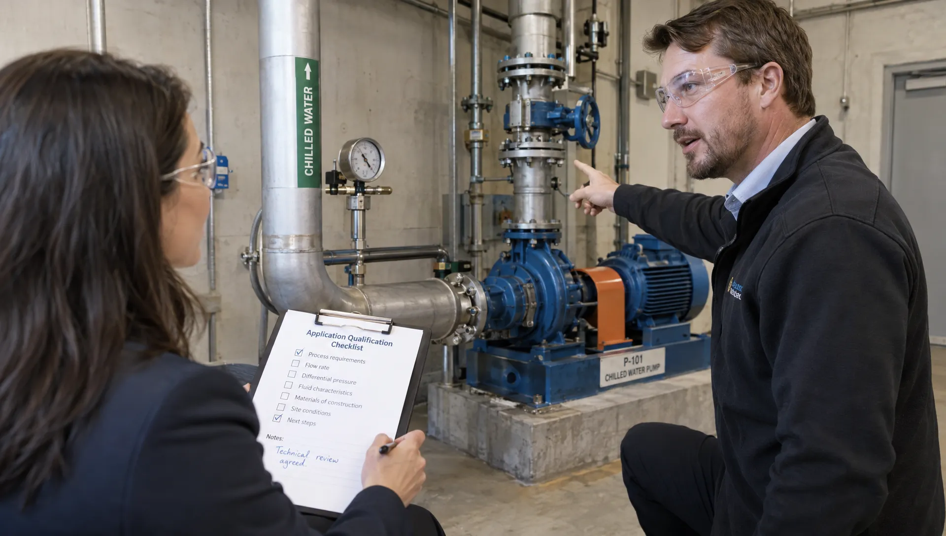 A sales engineer and account manager review a pump application and agree on the next step for qualifying digital marketing leads.