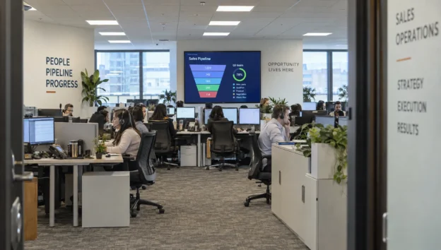 A sales operations team works across a busy floor, monitoring inquiries as they move toward qualified opportunities and customers.