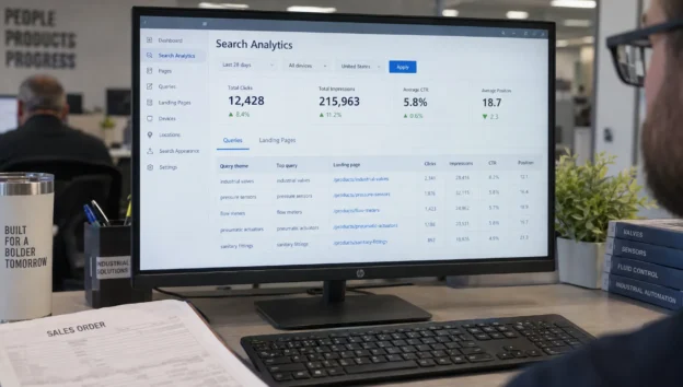 A search analytics table groups industrial buyer queries by theme beside a sales order, connecting SEO and paid search reporting to campaign decisions.