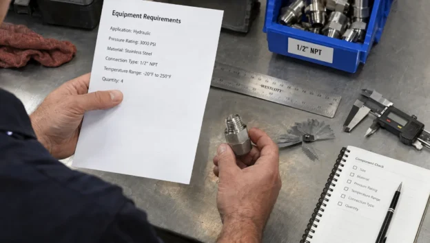A service specialist compares equipment requirements with a component sample to assess whether a sales inquiry is a good fit.