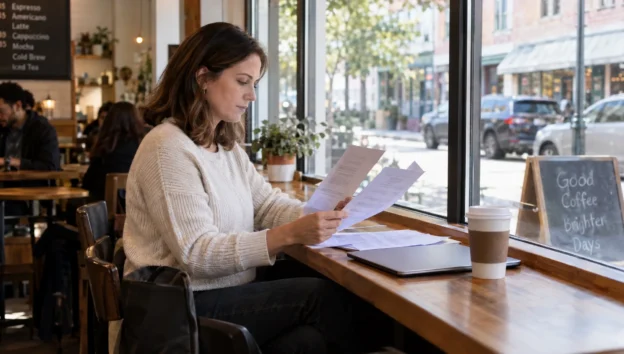 A small-business owner reviews supplier inquiries over coffee to decide which prospects deserve sales follow-up.