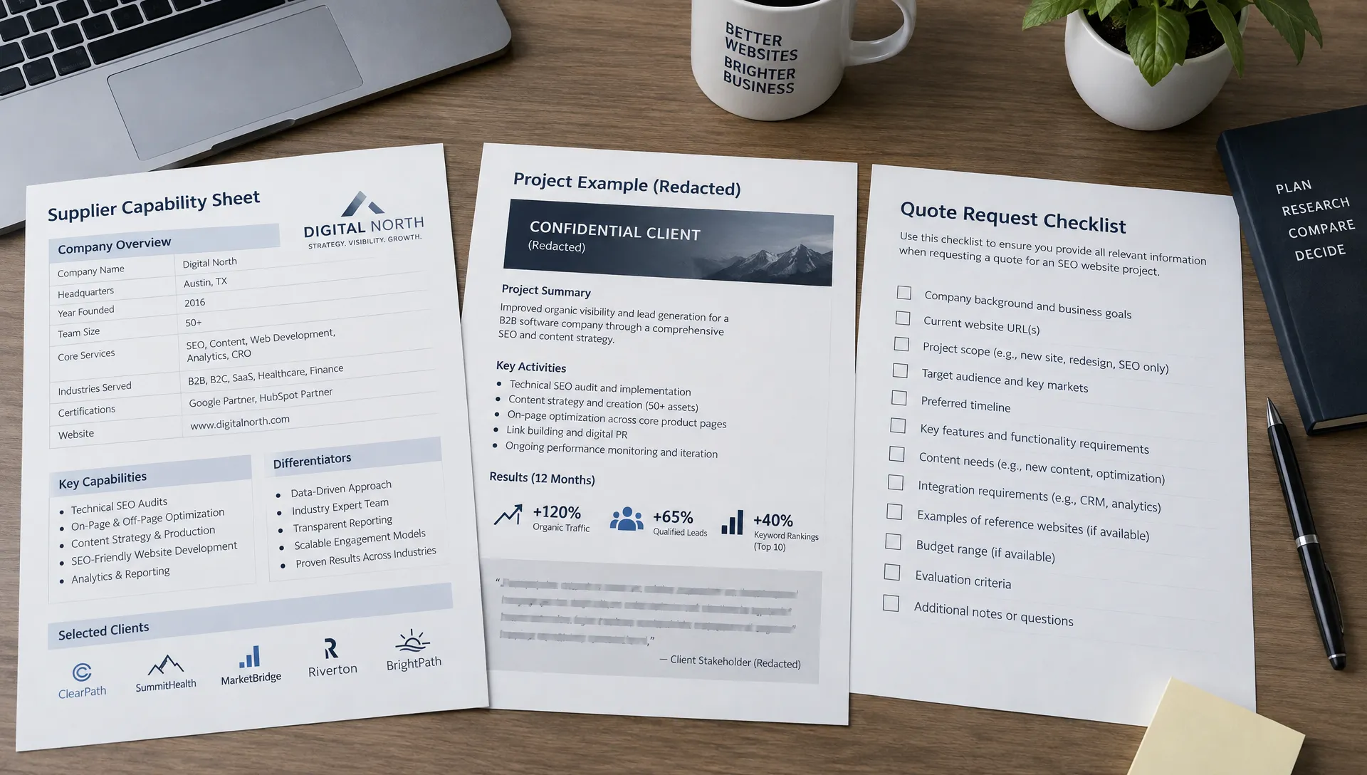 A supplier capability sheet, redacted project example, and quote request checklist lie together on a conference table for evaluating an SEO website.
