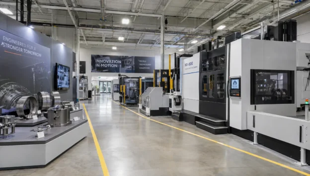 A supplier's equipment demonstration area gives industrial buyers space to inspect machinery and assess a complex purchase.