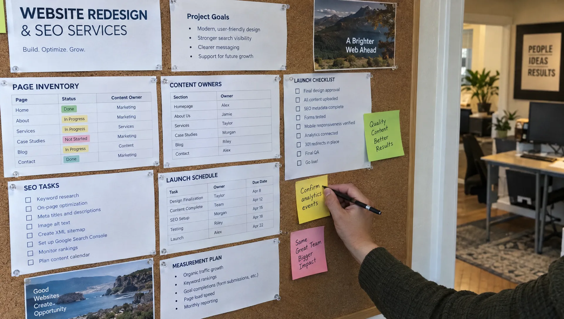 A team member adds a note to a project board outlining page inventory, content responsibilities, launch checks and measurement tasks for a website brief.