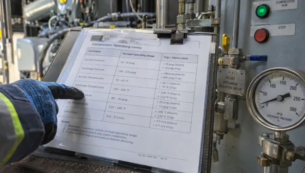 A technician checks an operating limit on a specification sheet mounted beside industrial controls, grounding technical guidance in real equipment.