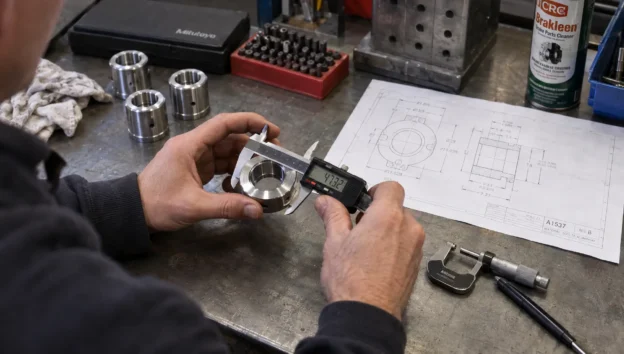 A technician measures a machined part beside its drawing, checking the specifications an industrial buyer may need before requesting a quote.