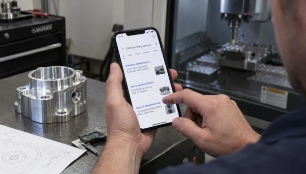 A technician searches for machining services on a phone beside a finished metal component.