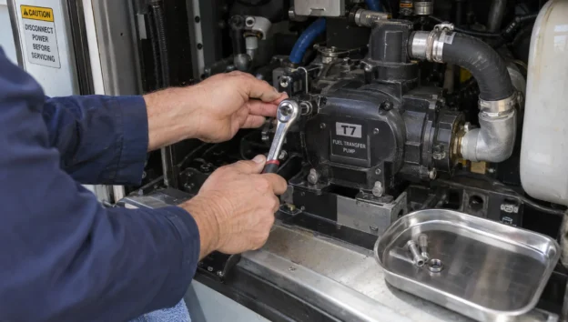 A technician works on a mounted pump in a service bay, showing the kind of practical expertise industrial media can bring to buyers.