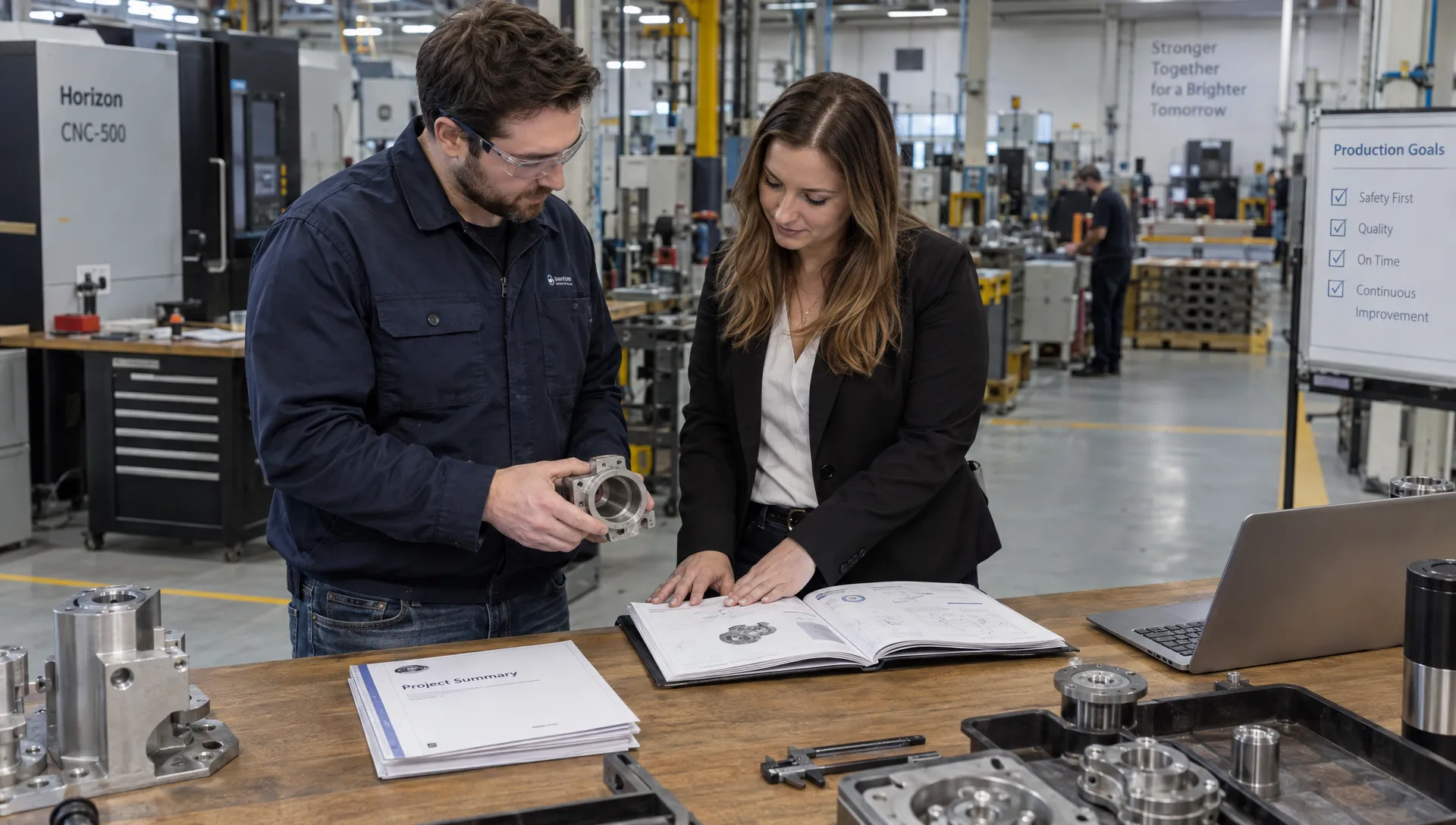 An engineer and marketing colleague verify a technical guide and project summary beside an industrial component before publishing the information.
