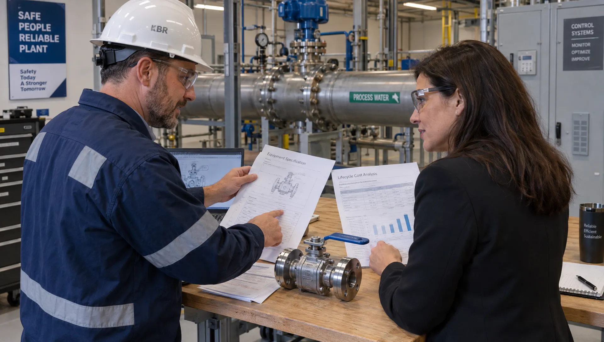 An engineer and purchasing manager examine a valve sample, equipment specifications and lifecycle costs to support an online business marketing decision.