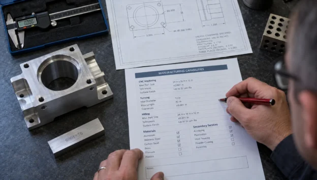 An engineer checks a capability sheet against a machined part and measurements, grounding industrial search content in verified details.