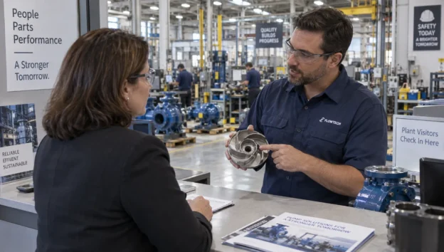 An engineer explains a pump application to a purchasing manager at a factory, sharing the expertise behind B2B search and social content.