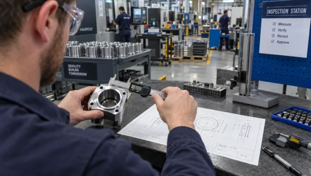 An engineer measures a metal component against its drawing, checking technical requirements relevant to a supplier decision.