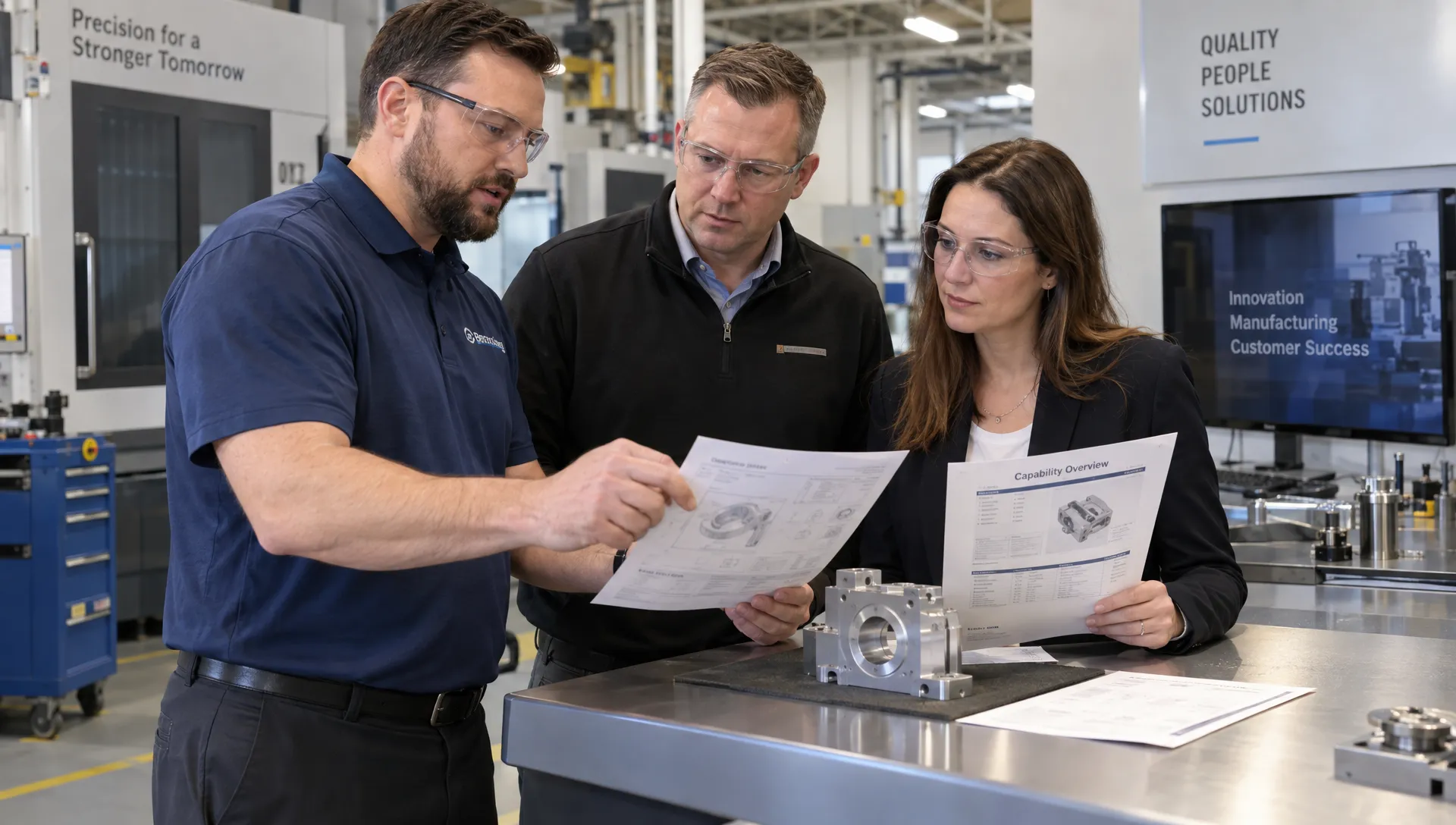 An industrial buying group compares application specifications and a capability sheet beside a component sample for an organic search decision.