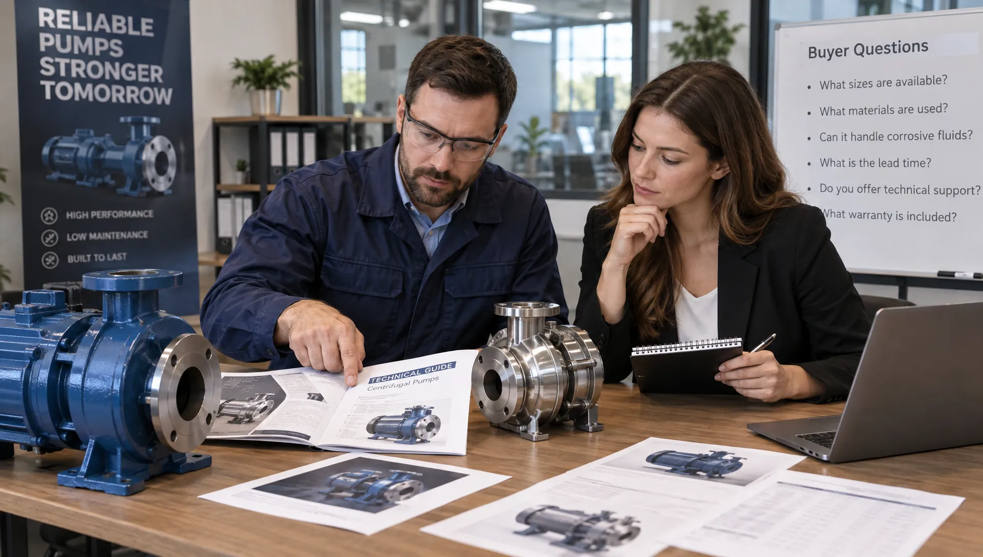 An industrial engineer and marketer review a technical guide and buyer questions beside pump photographs at a worktable.