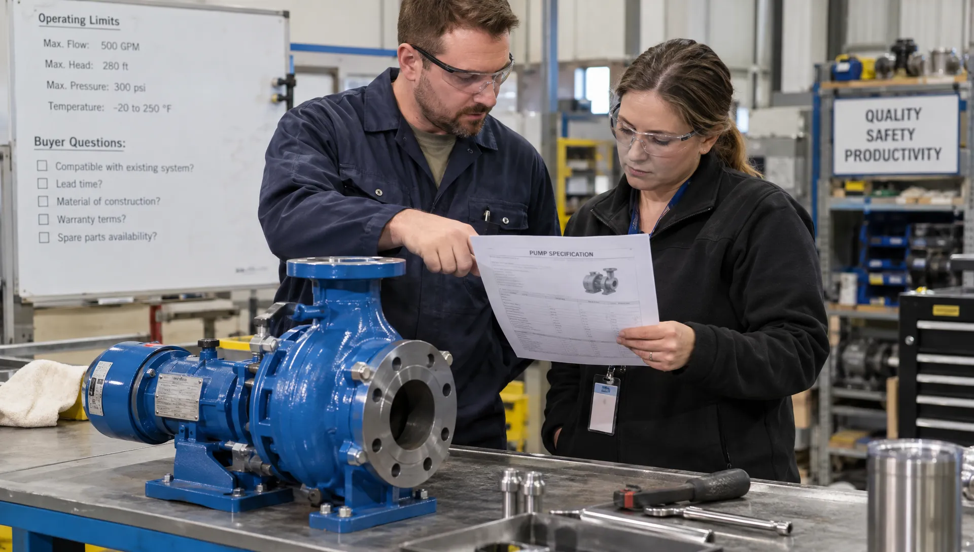 An industrial engineer and procurement specialist compare a printed pump specification with the assembled pump on a workbench, checking operating limits against buyer questions.