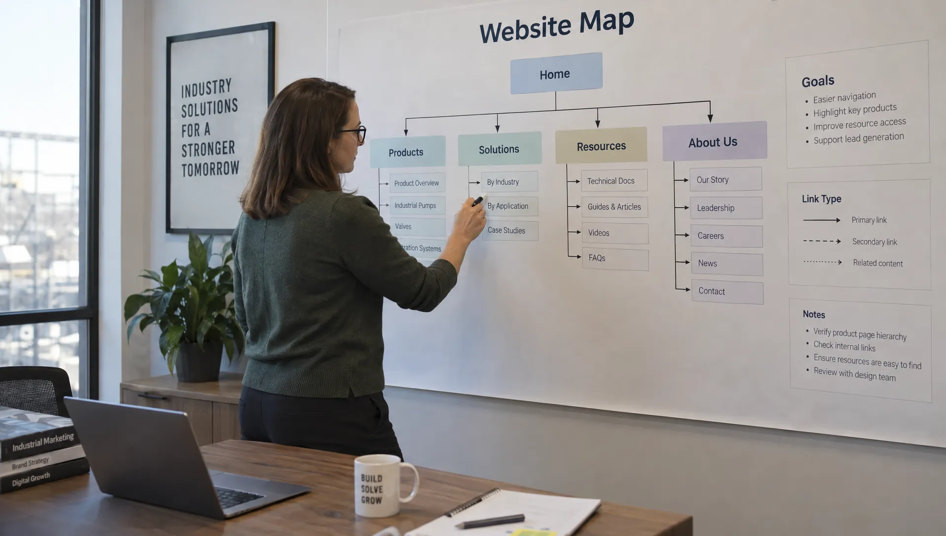 An industrial marketing manager traces links on a wall-mounted website map in a project room, checking how product and resource pages connect.