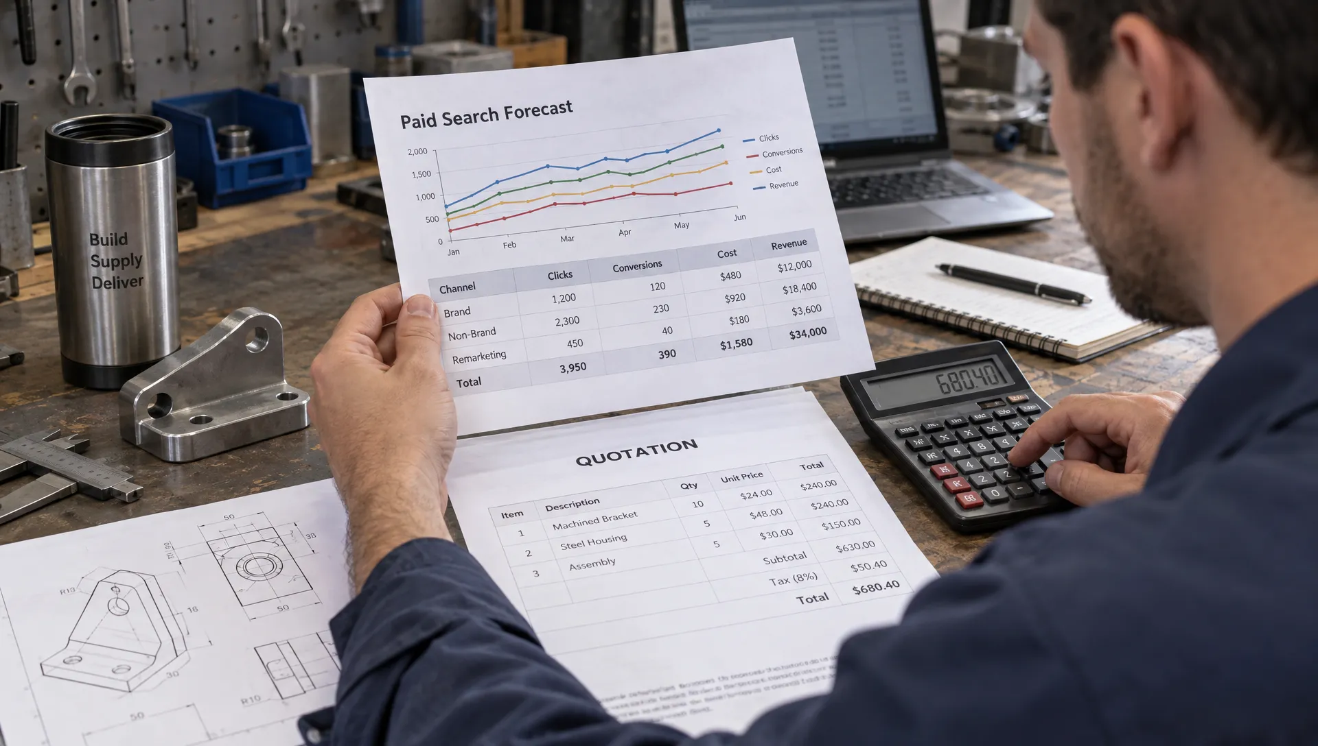 An industrial supplier's estimator checks a printed paid-search forecast beside a drafted quotation and cost calculations on a workshop bench.