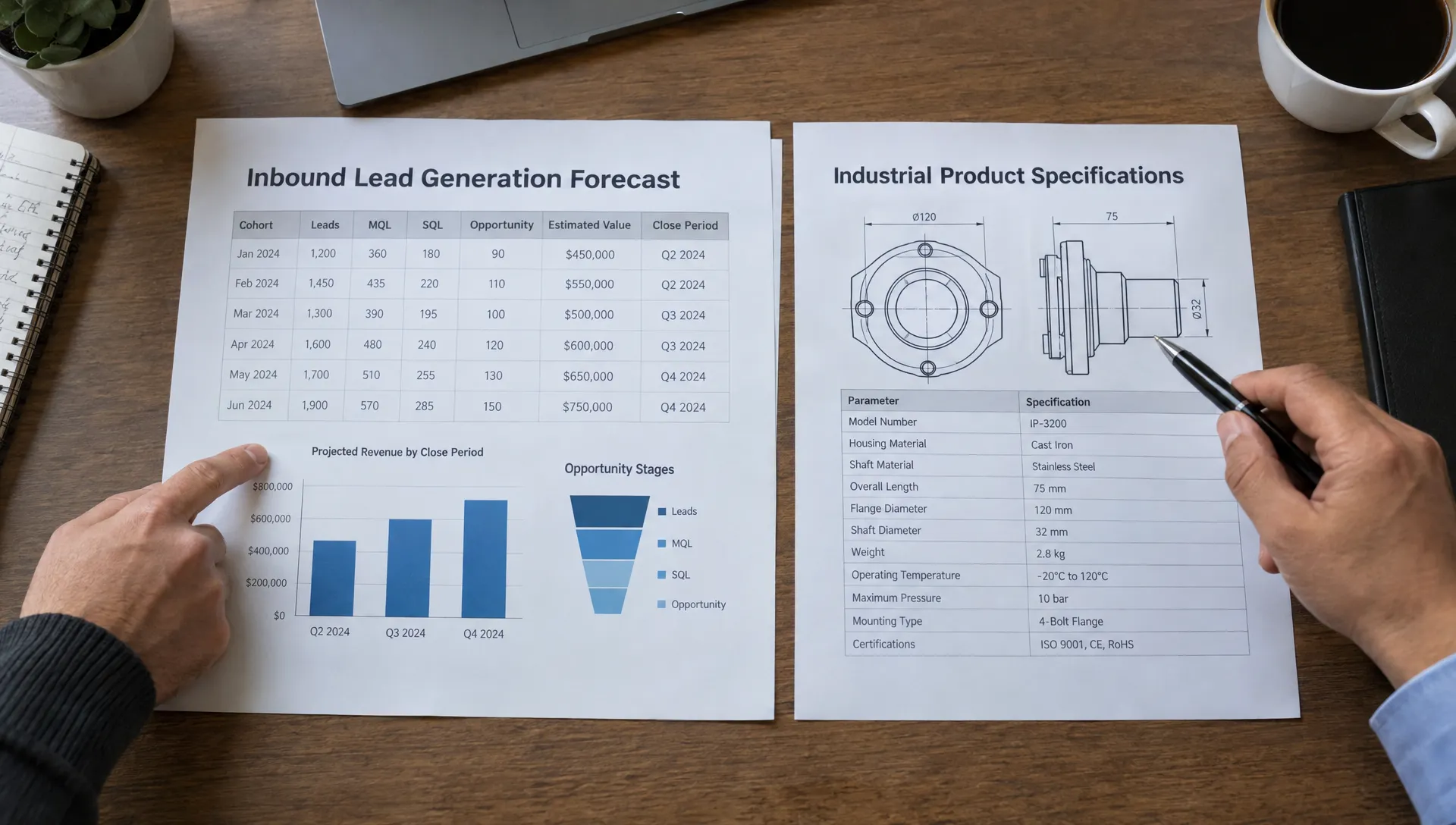 An overhead view of a printed inbound lead generation forecast beside industrial product specifications, with cohort rows, opportunity stages and closing periods visible as two colleagues' hands compare the pages.