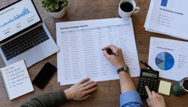 Hands check campaign inquiries against CRM records, marking duplicates and suitable prospects during a monthly lead-quality review.