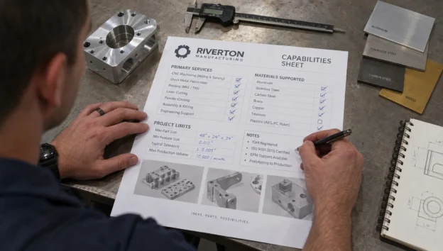 Hands mark supported materials and project limits on an industrial capability sheet beside a sample part and measuring tools.